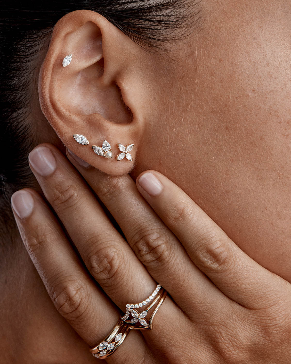14k Solid Gold Floating Petal Lab-Grown Diamond Stud Earring - Image 5