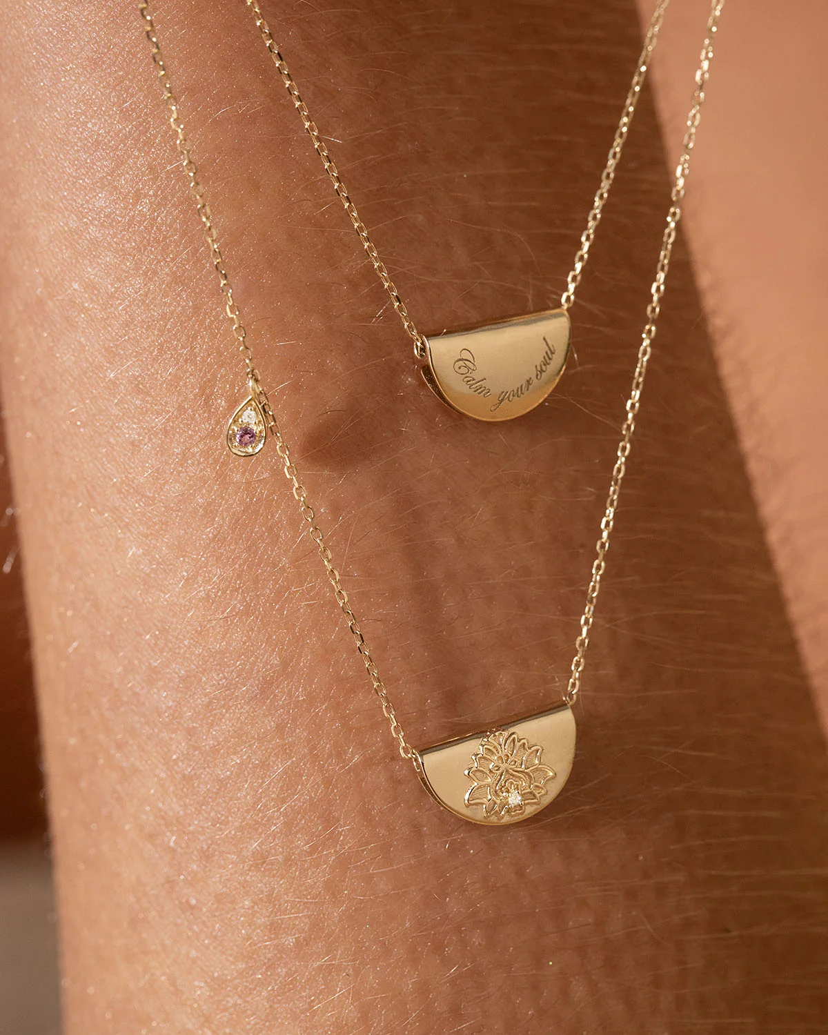 14k Solid Gold Lotus Birthstone Diamond Necklace - February - Amethyst - Image 5