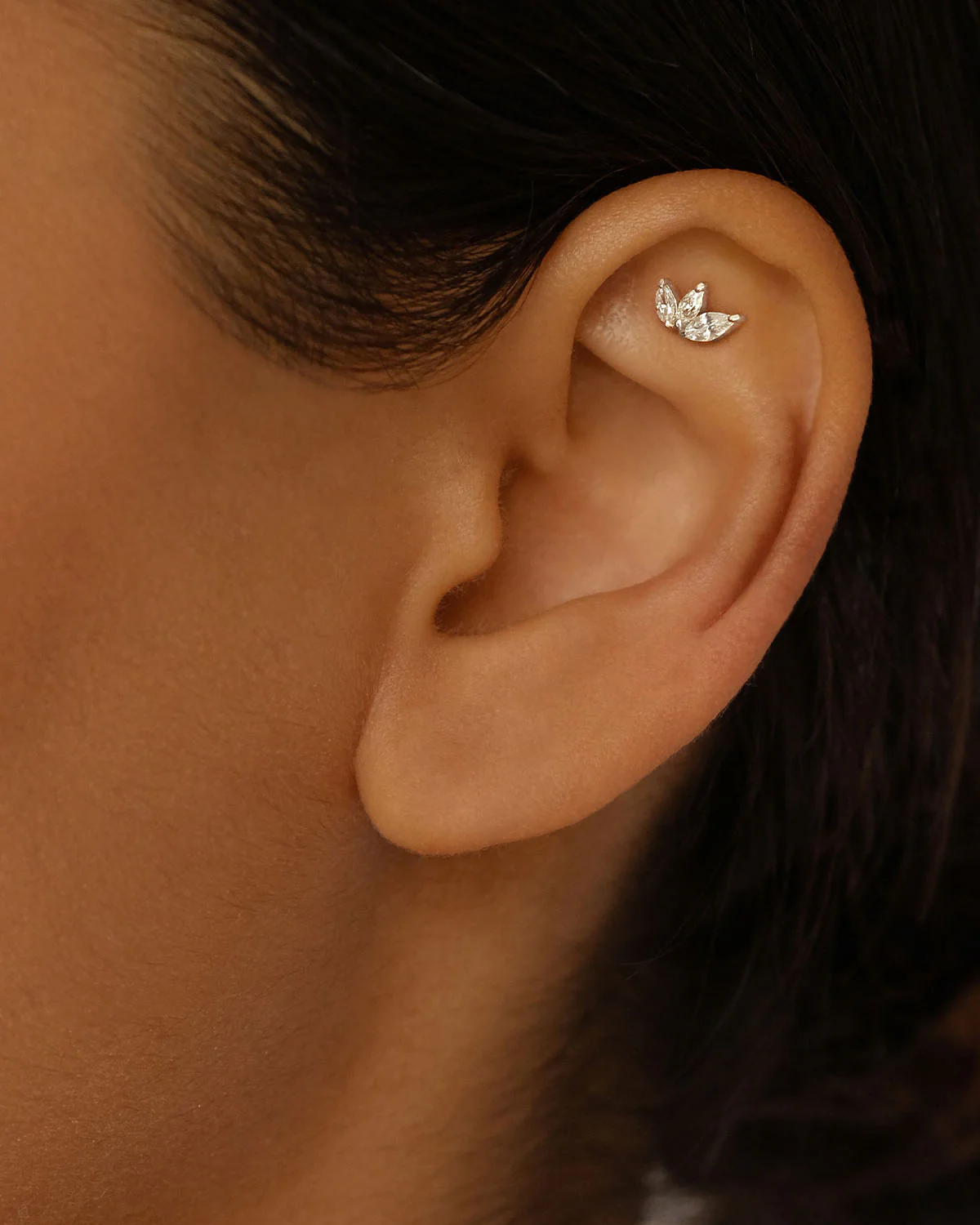 14k Solid White Gold Blooming Lotus Crystal Cartilage Earring - Image 2