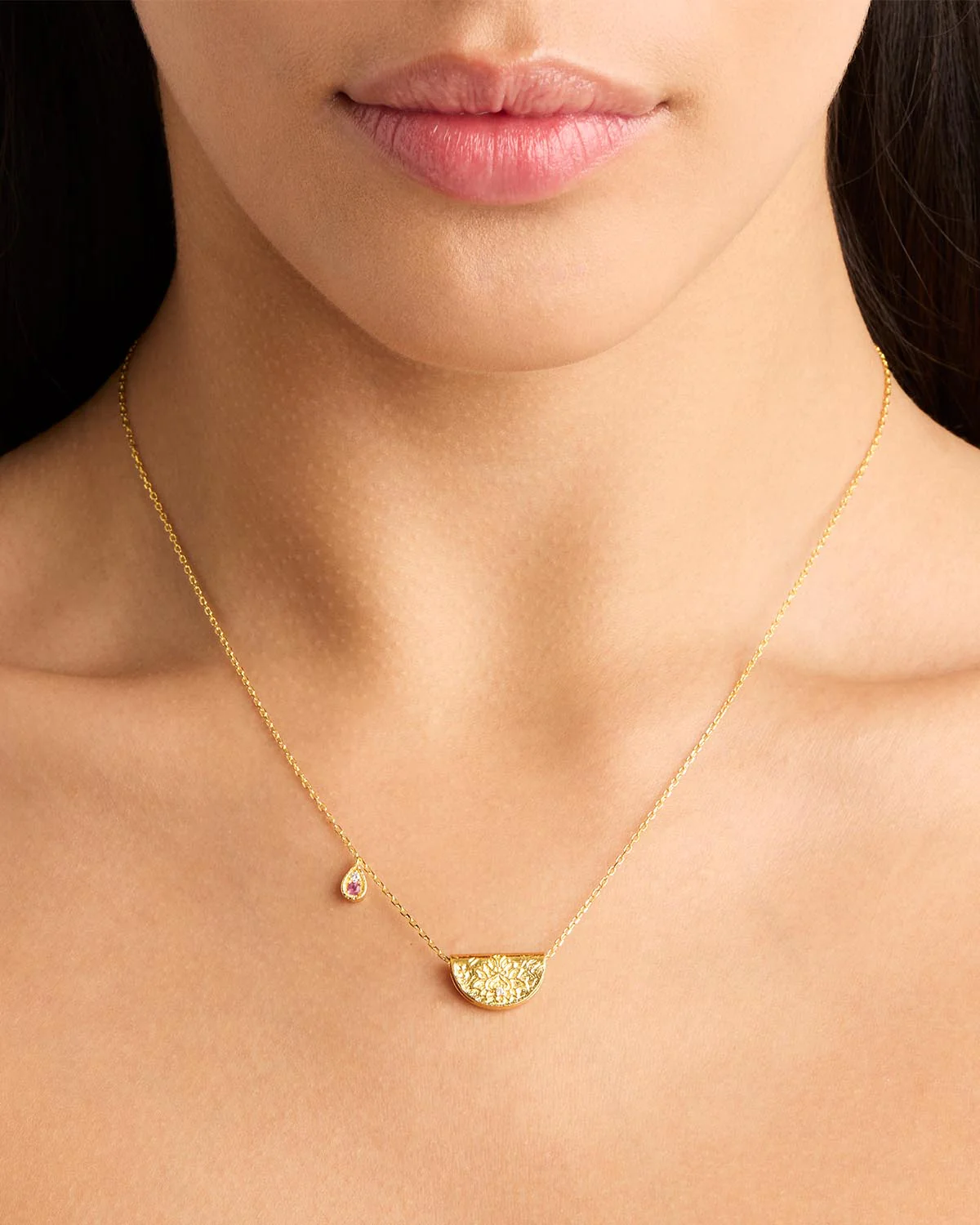 18k Gold Vermeil Lotus Birthstone Necklace - October - Pink Tourmaline - Image 2