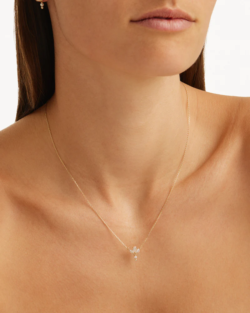 18k Solid Gold Floating Lotus 0.38ct Lab-Grown Diamond Pearl Necklace - Image 4