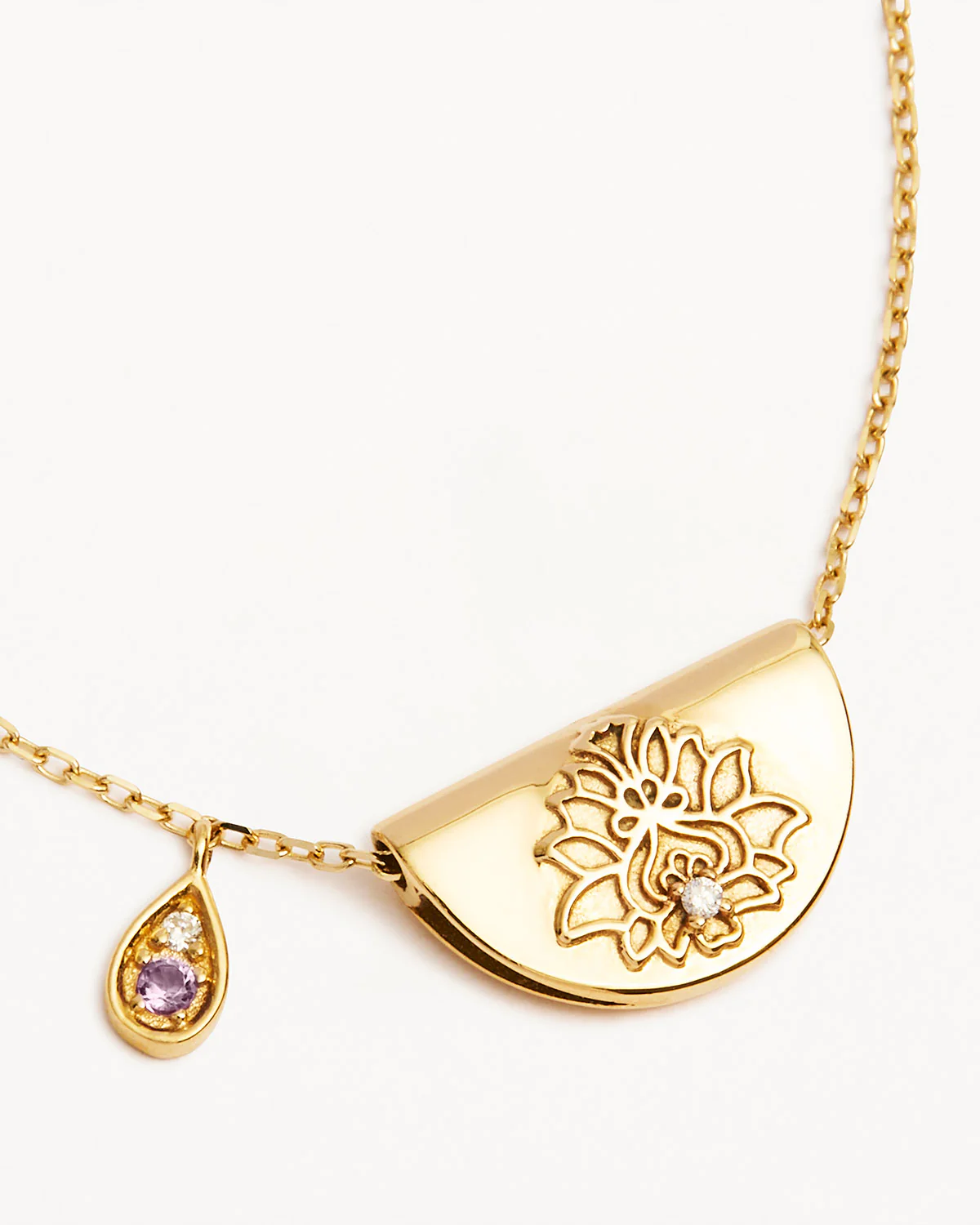 9k Solid Gold Lotus Birthstone Lab-Grown Diamond Necklace - February - Amethyst - Image 4