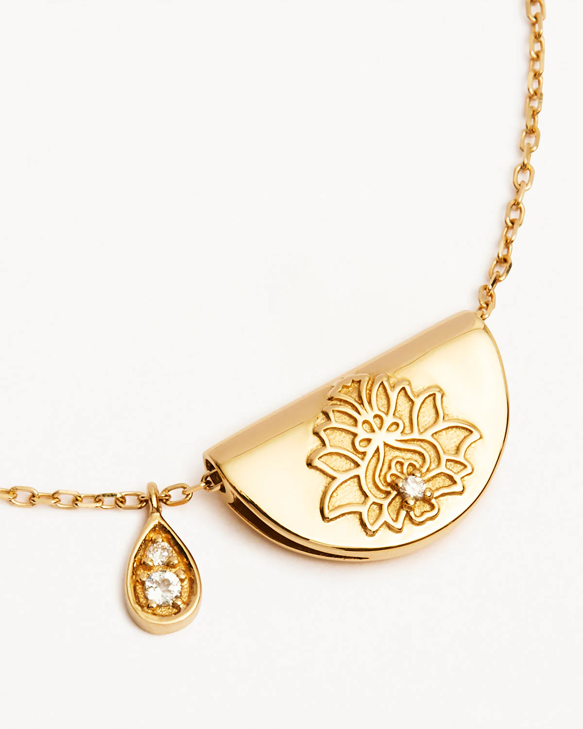 9k Solid Gold Lotus Birthstone Lab-Grown Diamond Necklace - April - White Topaz - Image 4