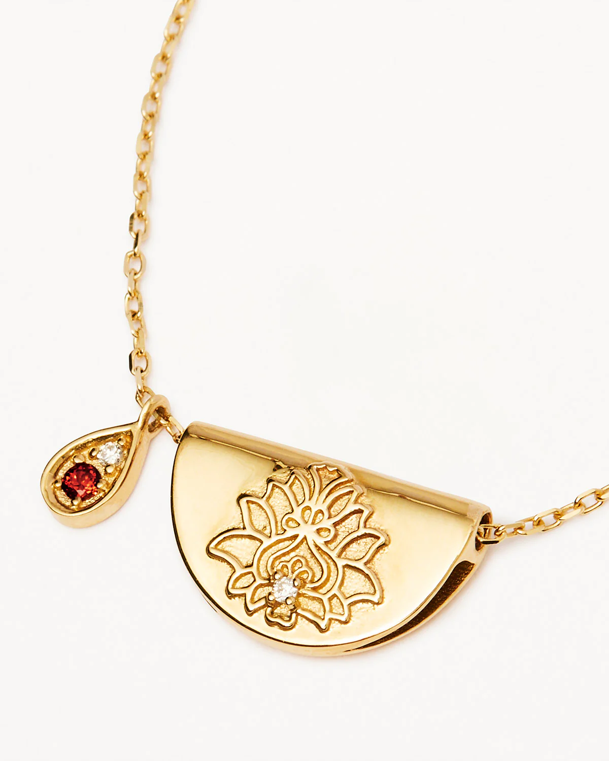 9k Solid Gold Lotus Birthstone Lab-Grown Diamond Necklace - January - Garnet - Image 4