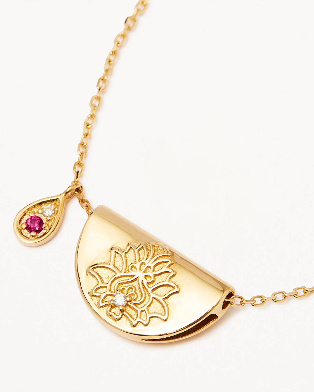 9k Solid Gold Lotus Birthstone Lab-Grown Diamond Necklace - July - Ruby - Image 4