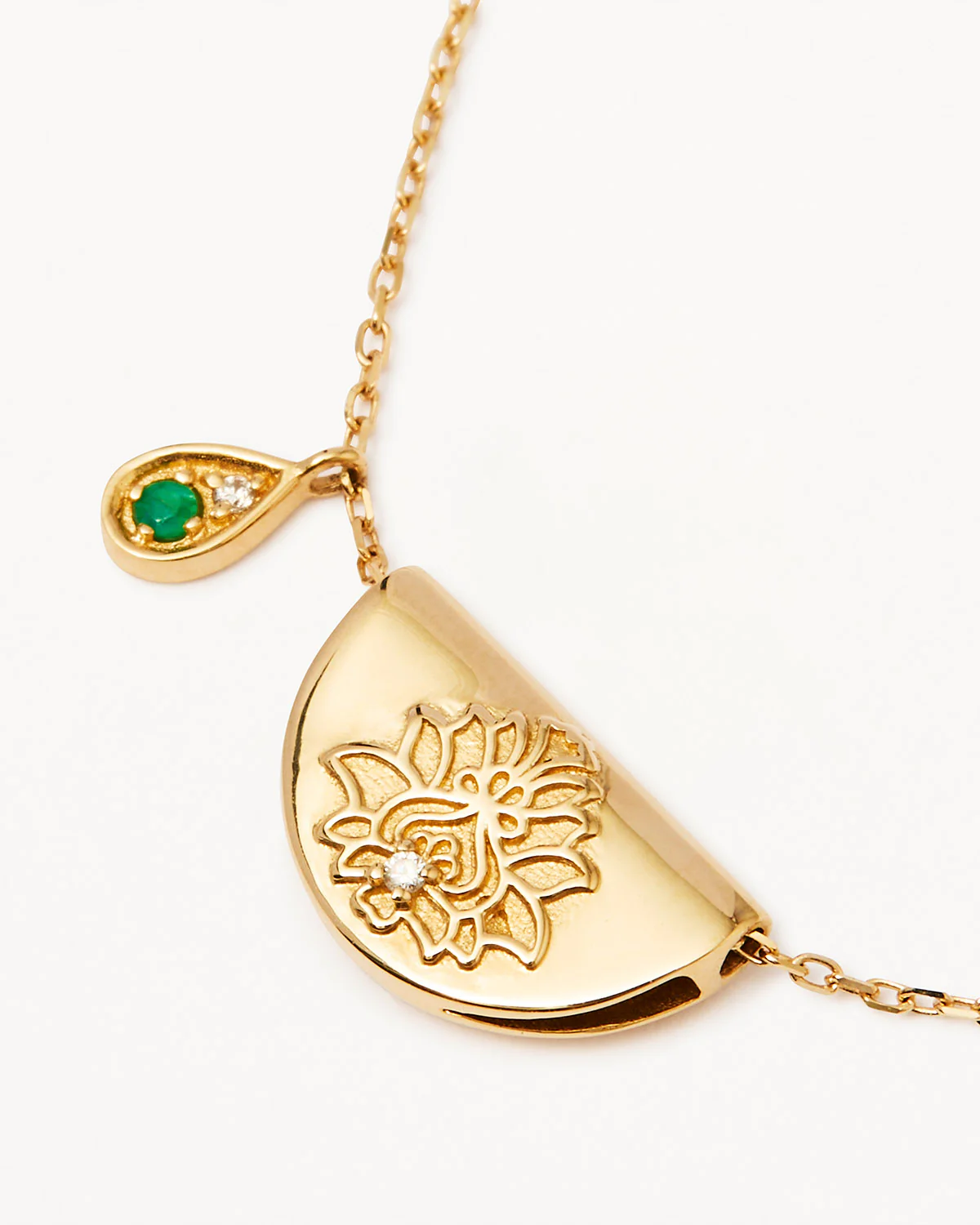 9k Solid Gold Lotus Birthstone Lab-Grown Diamond Necklace - May - Emerald - Image 4