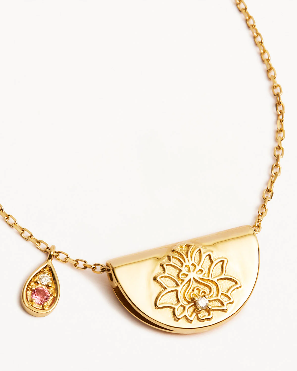 9k Solid Gold Lotus Birthstone Lab-Grown Diamond Necklace - October - Pink Tourmaline - Image 4