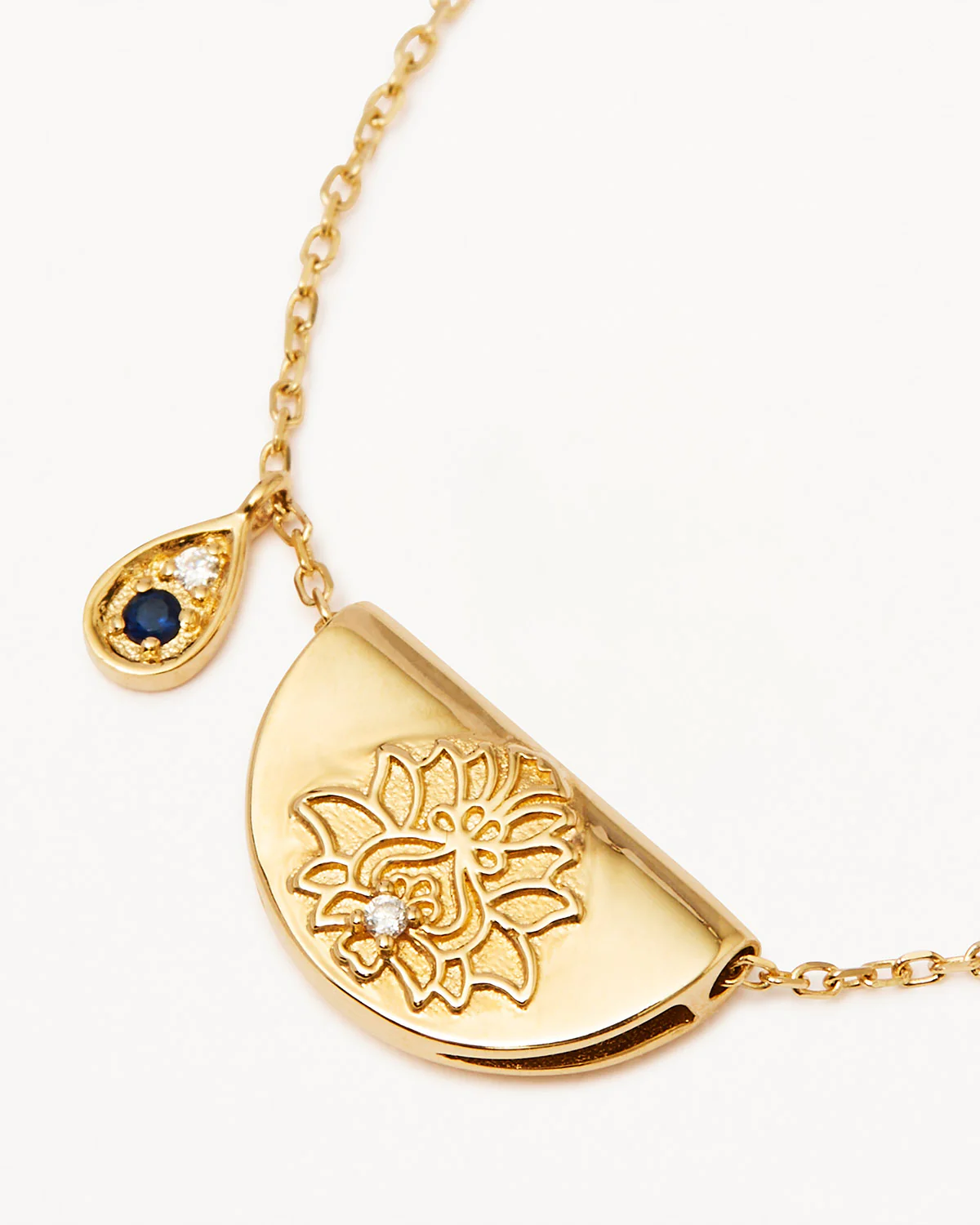 9k Solid Gold Lotus Birthstone Lab-Grown Diamond Necklace - September - Sapphire - Image 3
