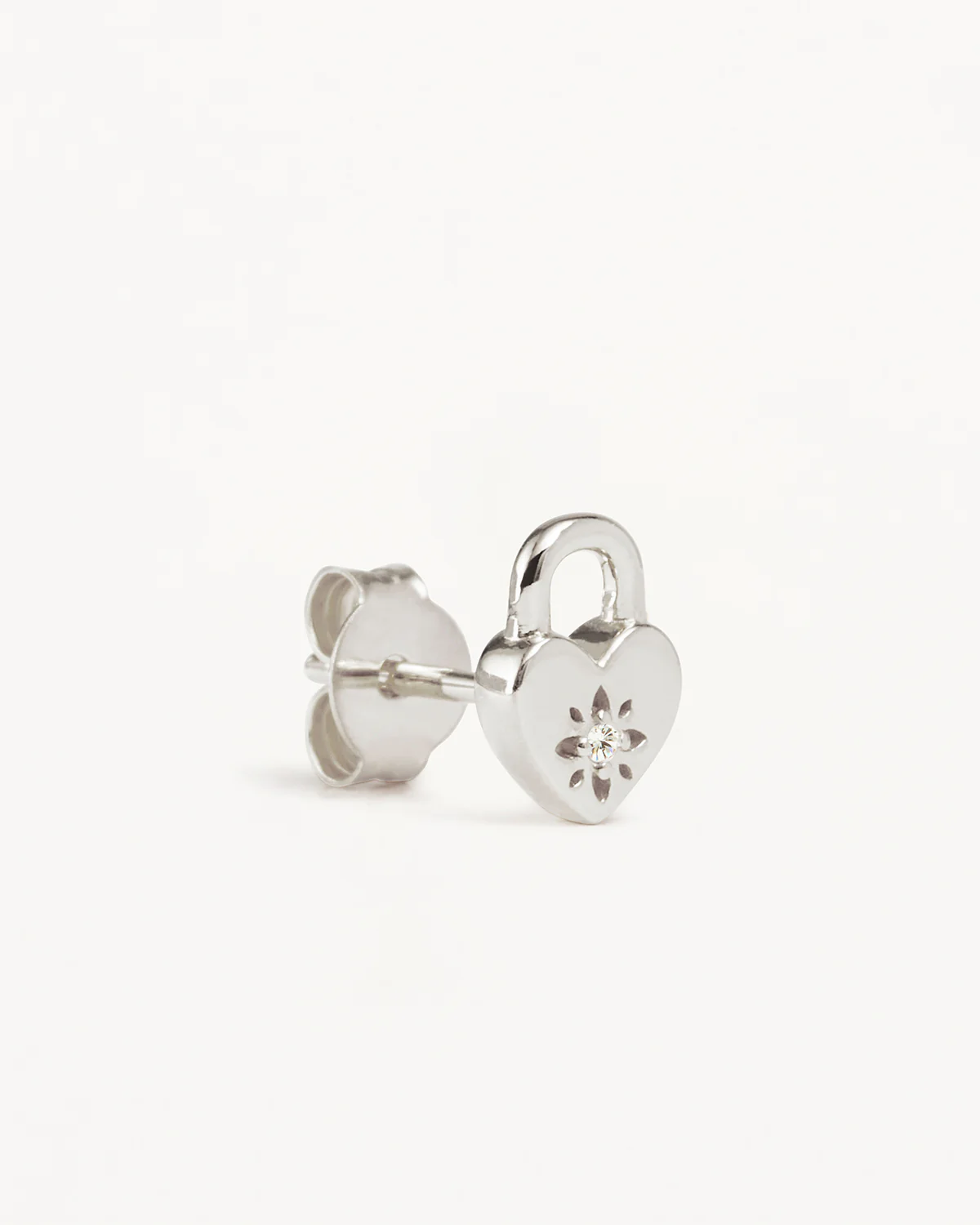 Sterling Silver Crystal Lotus Heart Padlock Stud Earrings - Image 3