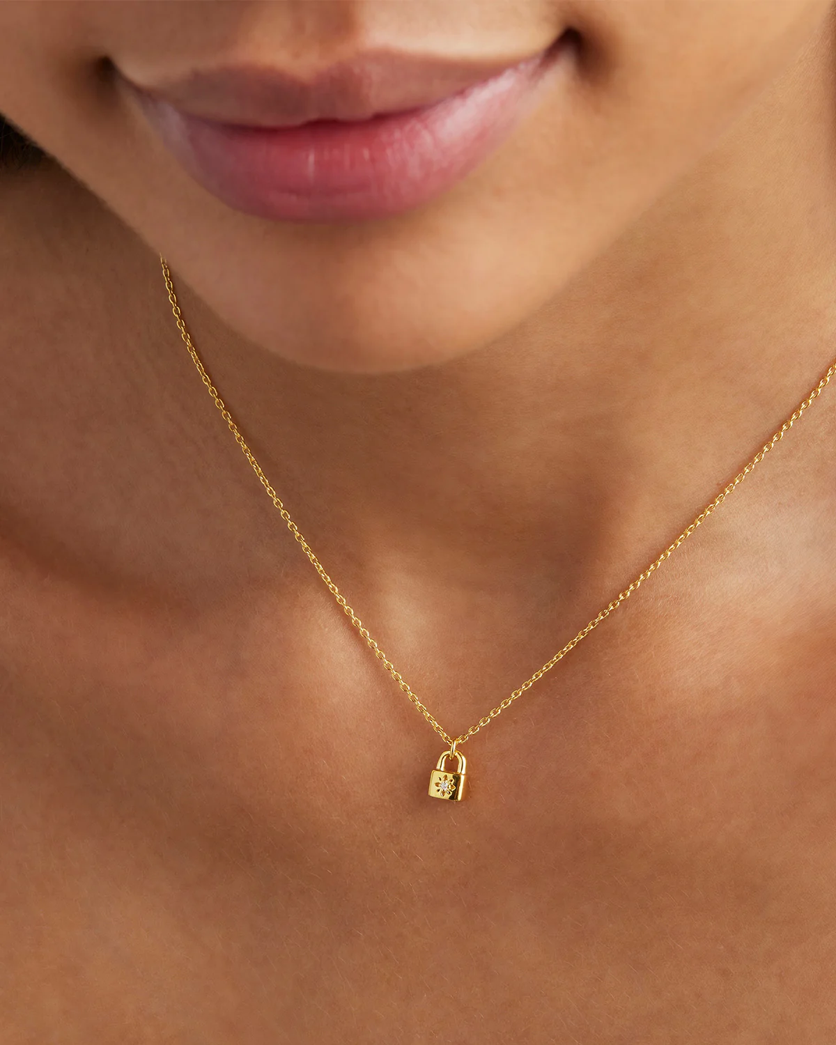 18k Gold Vermeil Crystal Lotus Padlock Necklace - Image 2