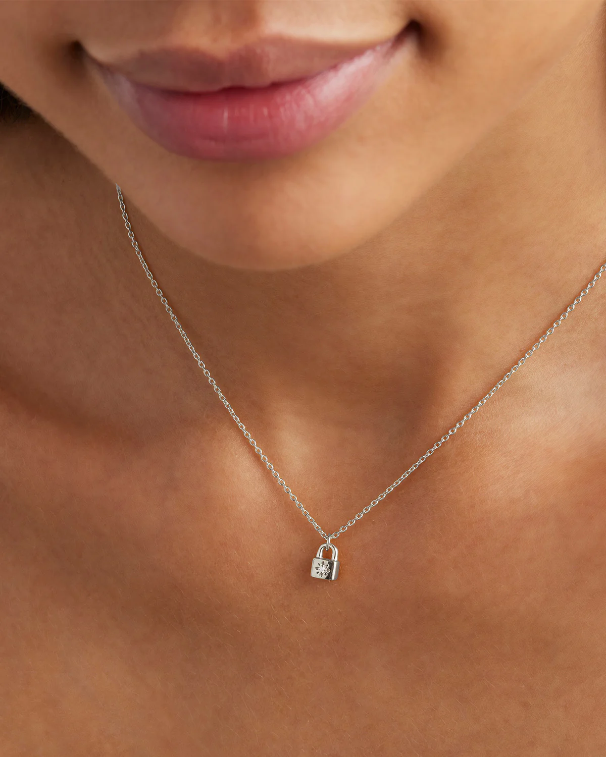 Sterling Silver Crystal Lotus Padlock Necklace - Image 2