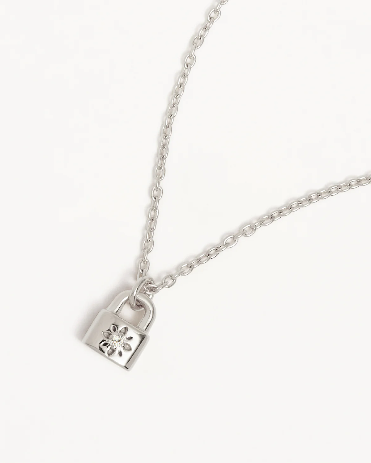 Sterling Silver Crystal Lotus Padlock Necklace - Image 3