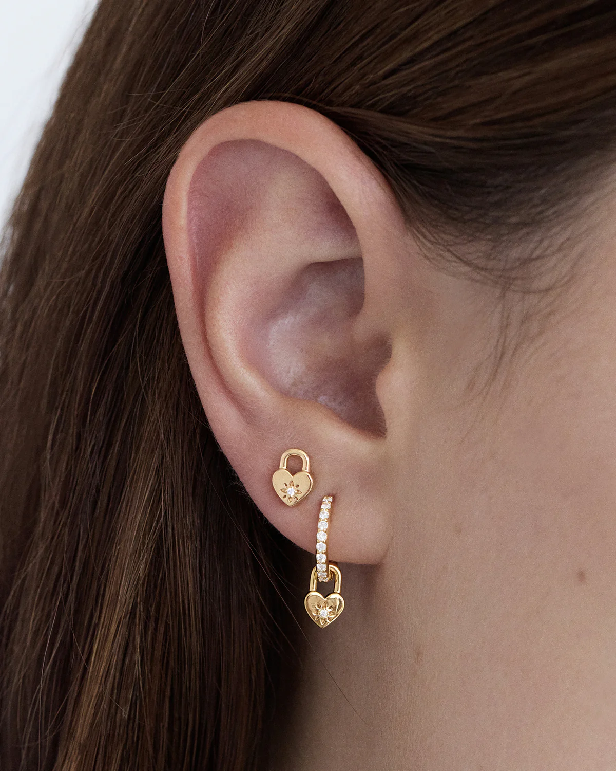 9k Solid Gold Lab-Grown Diamond Lotus Heart Padlock Stud Earring - Image 4