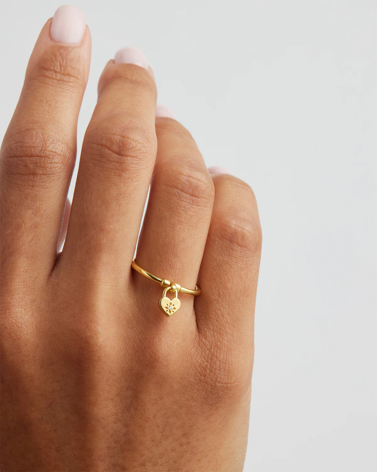 18k Gold Vermeil Crystal Lotus Heart Padlock Ring - Image 2