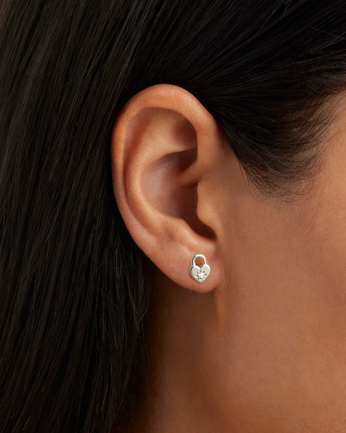 Sterling Silver Crystal Lotus Heart Padlock Stud Earrings - Image 2