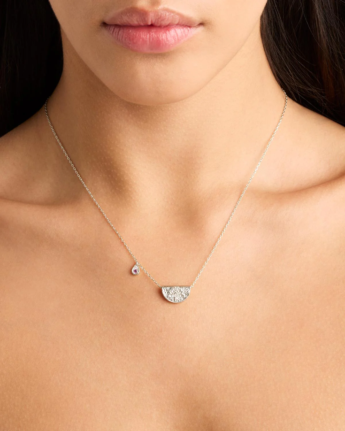 Sterling Silver Lotus Birthstone Necklace - February - Amethyst - Image 2