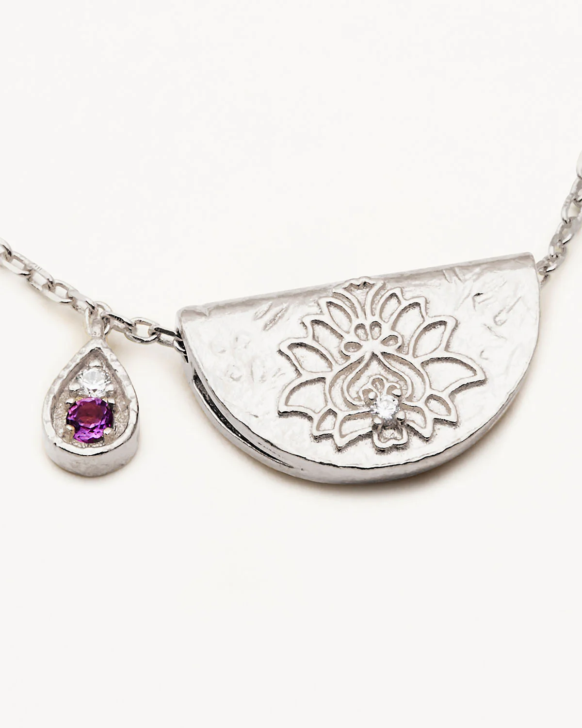 Sterling Silver Lotus Birthstone Necklace - February - Amethyst - Image 3