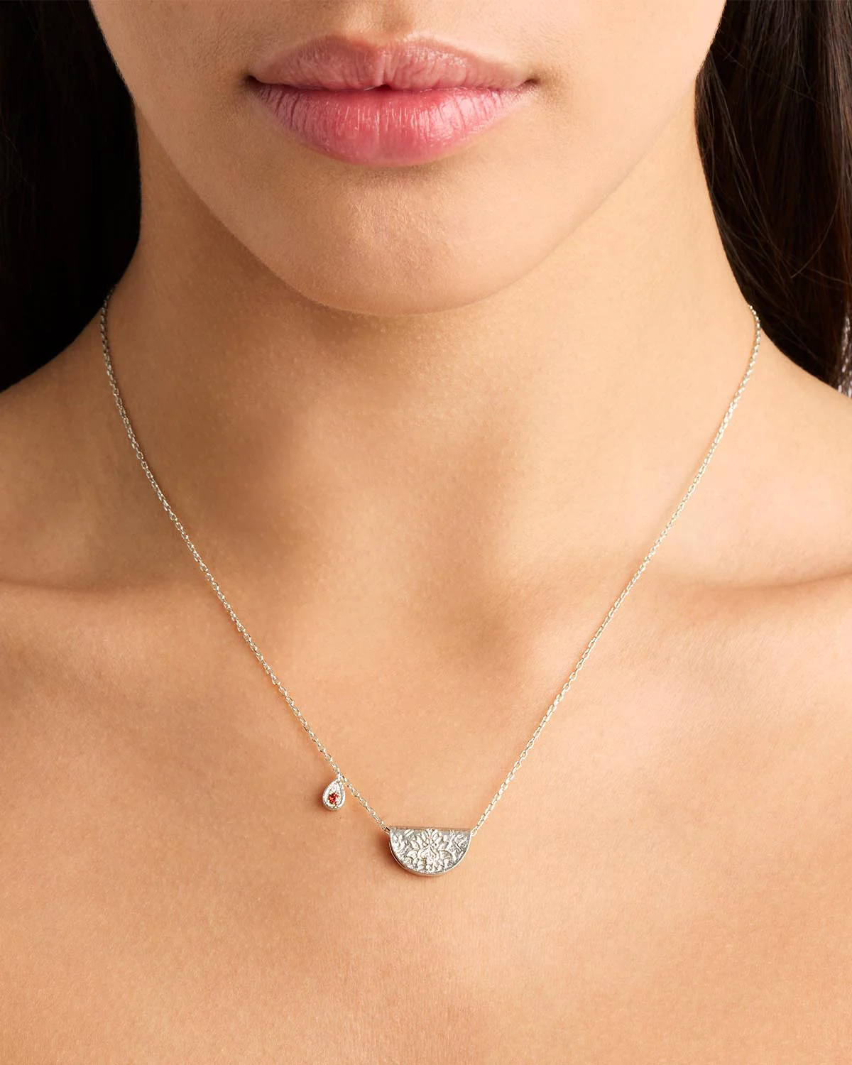 Sterling Silver Lotus Birthstone Necklace - January - Garnet - Image 2