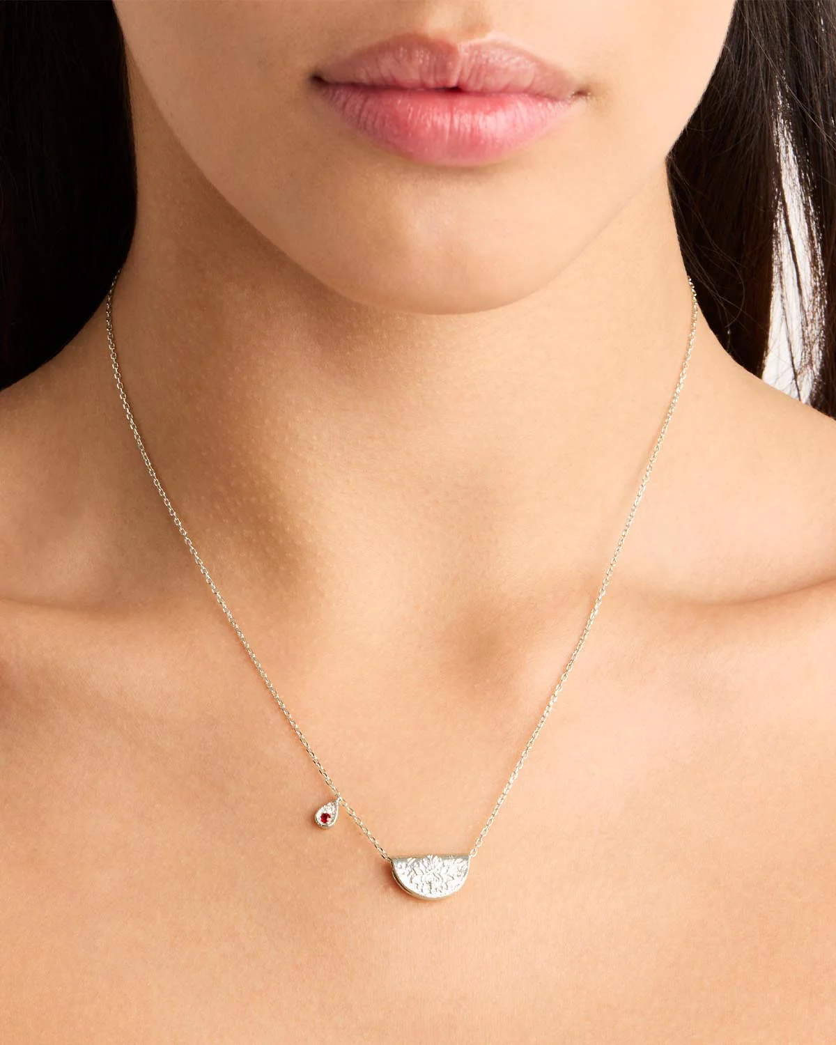 Sterling Silver Lotus Birthstone Necklace - July - Ruby - Image 2