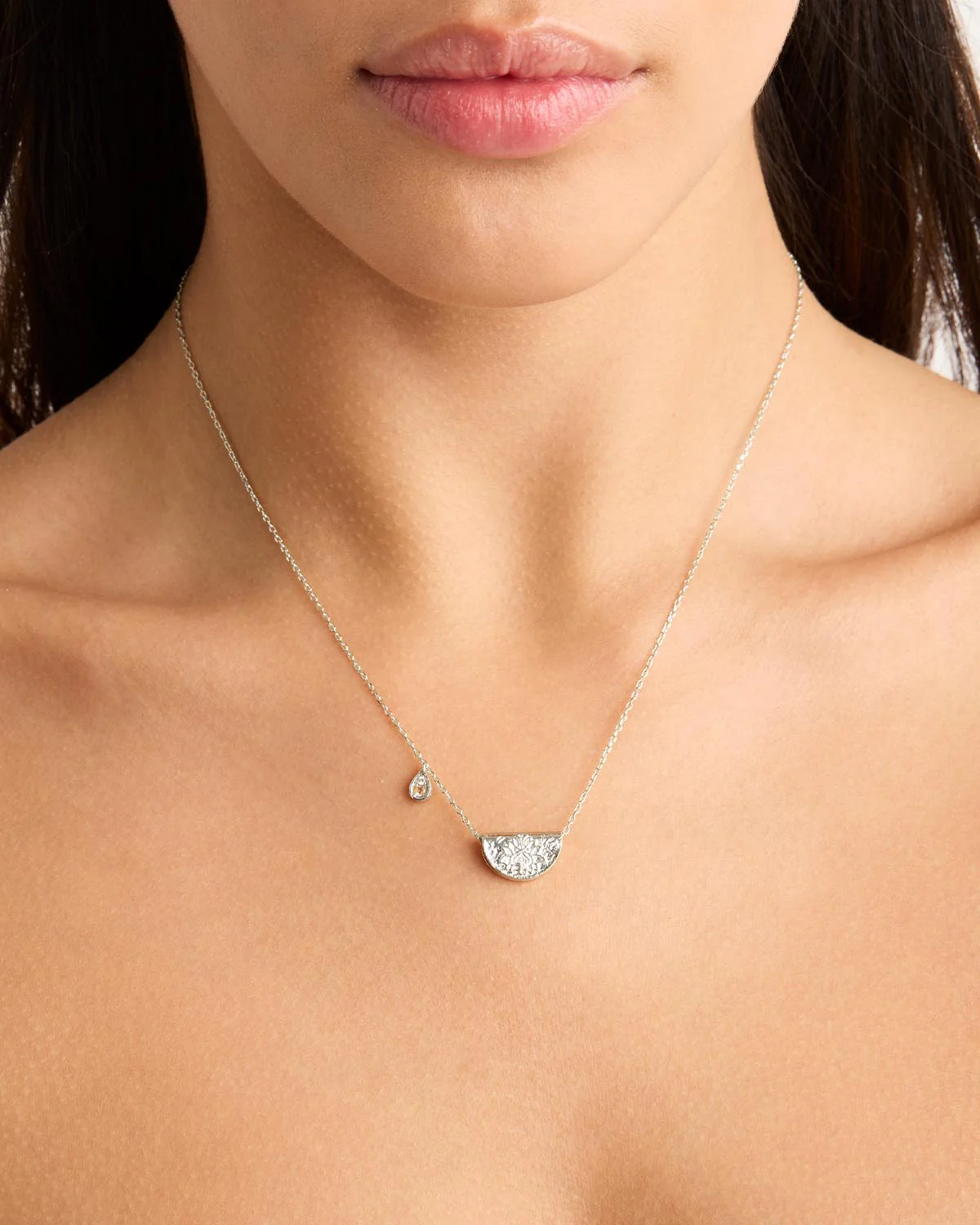 Sterling Silver Lotus Birthstone Necklace - June - Moonstone - Image 2