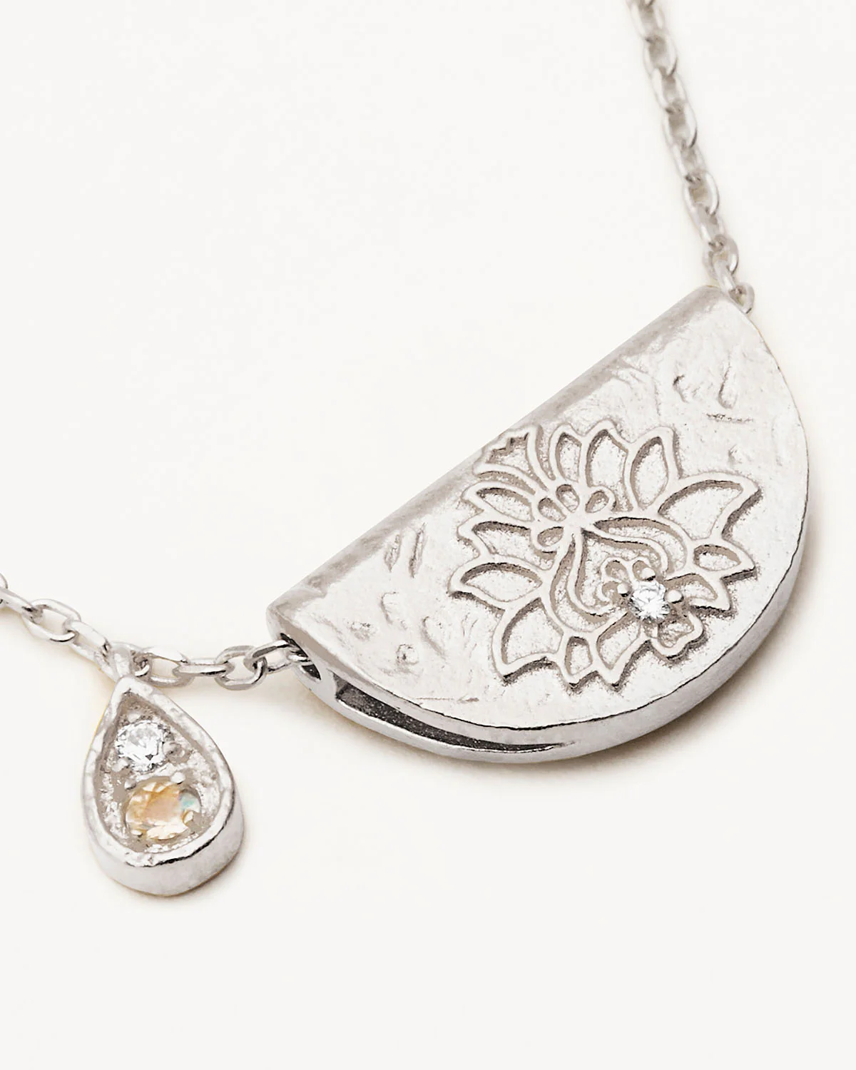 Sterling Silver Lotus Birthstone Necklace - June - Moonstone - Image 3