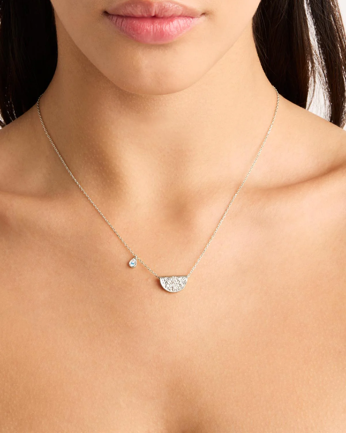 Sterling Silver Lotus Birthstone Necklace - March - Aquamarine - Image 2